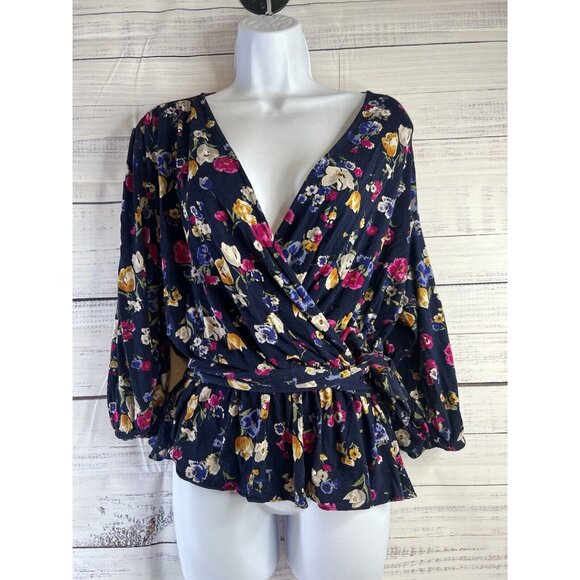 Lauren Ralph Lauren Black Label Peplum Frill Blouse Sz L Blue Floral - Picture 1 of 10